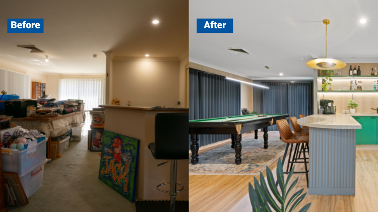 Before image of a recreation room filled with clutter next to After image of an updated rec room with a pool table and bright bar