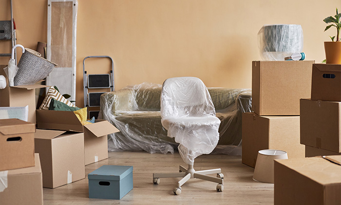 Furniture packed for moving.