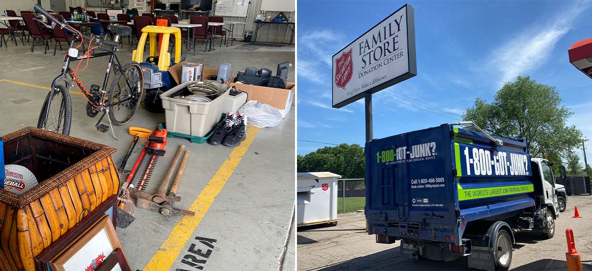 Left: bike, equipment, and boxes left at donation center. Right: 1-800-GOT-JUNK? Cincinnati truck by Salvation Army donation center