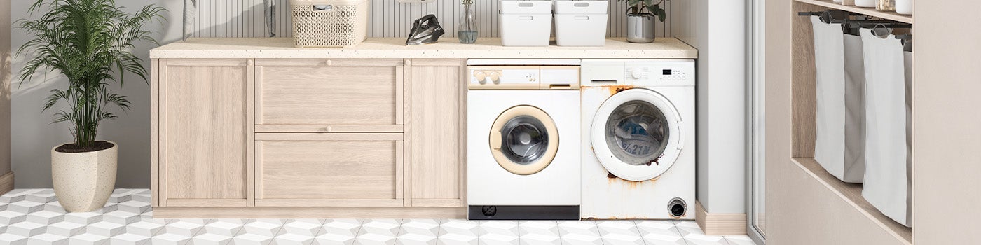 Laundry room with old appliances that need removal and recycling