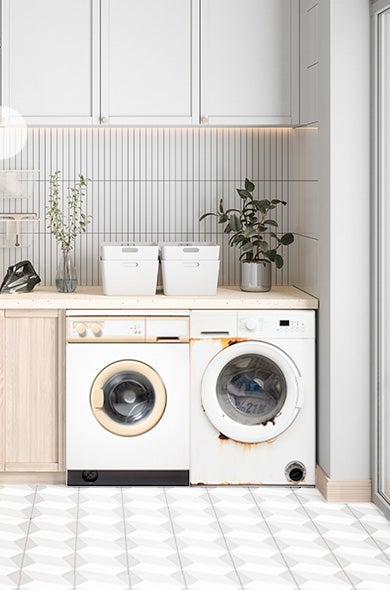 Laundry room with old appliances that need removal and recycling