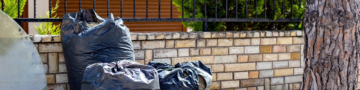 Bags of trash sitting on the curb for trash pickup and removal