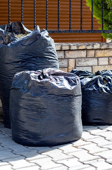 Bags of trash sitting on the curb for trash pickup and removal