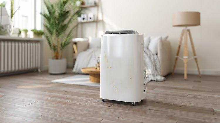 Old dehumidifier on floor in bright living room