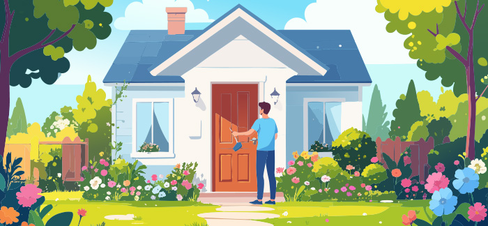 An illustration of a man cleaning his entryway.