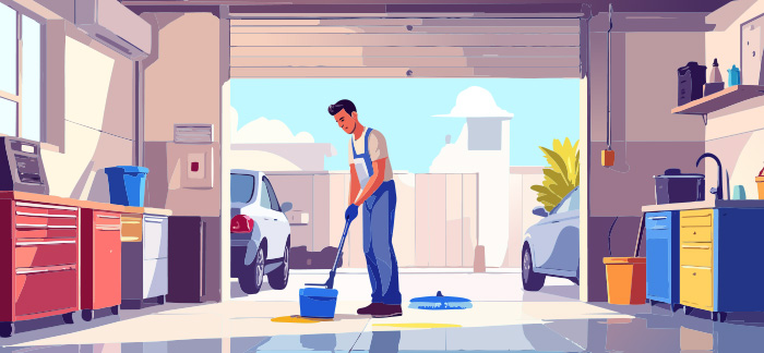 An illustration of a man cleaning his garage.