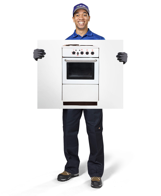 1-800-GOT-JUNK? Truck Team Member holding an image of a stove