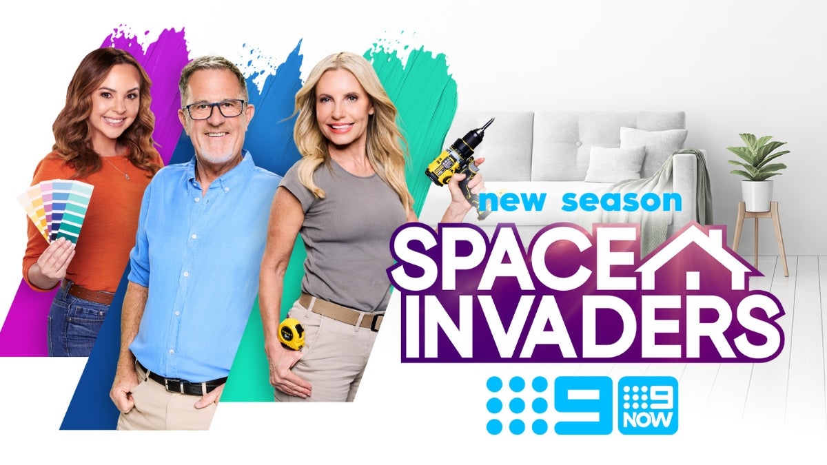 Space Invaders promotional image with show hosts on left, and white couch with plant on right