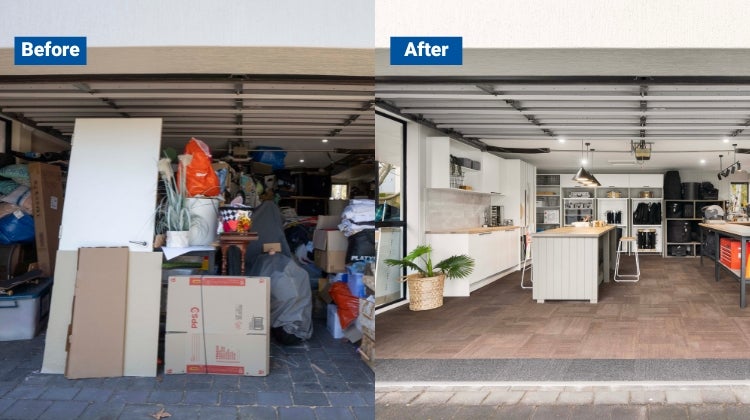 Side by side before and after garage transformation