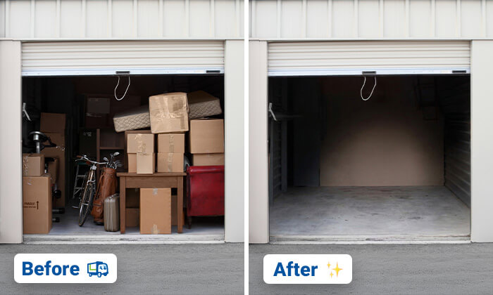 A before and after of an empty storage unit that used to be full of stuff.