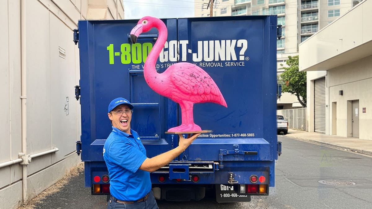 Weird Junk - Ping Flamingo A 1-800-GOT-JUNK? Truck Team Member with a pink flamingo